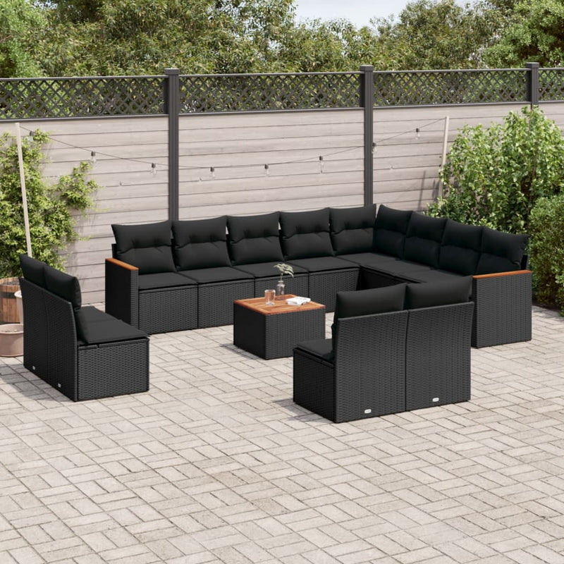 13-delige Loungeset met kussens poly rattan zwart