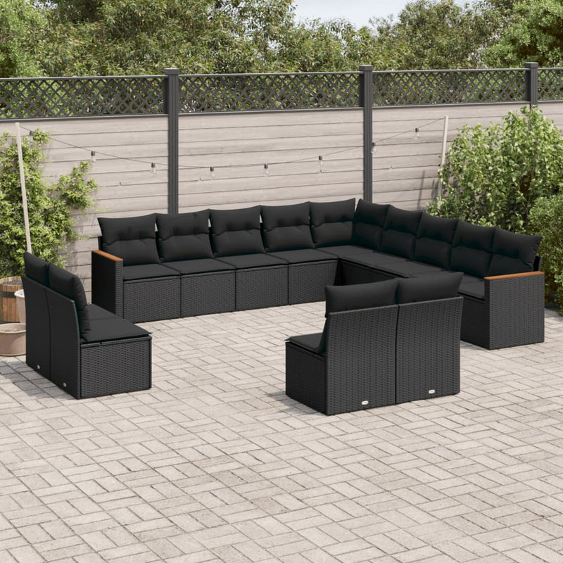 13-delige Loungeset met kussens poly rattan zwart