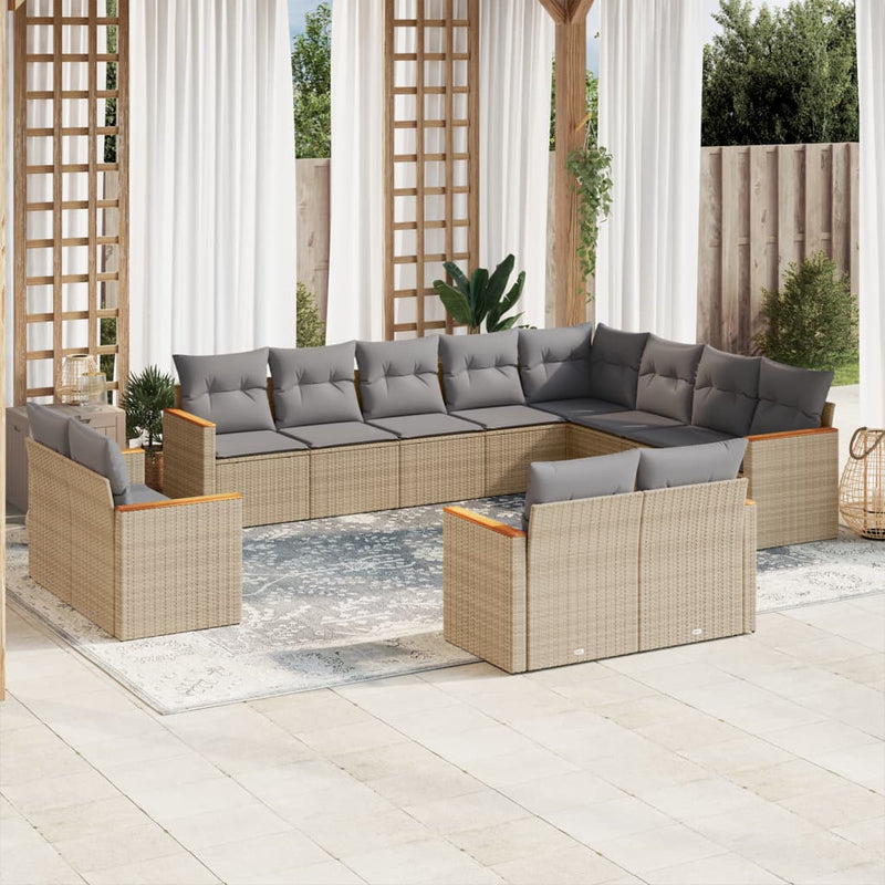 12-delige Loungeset met kussens poly rattan beige