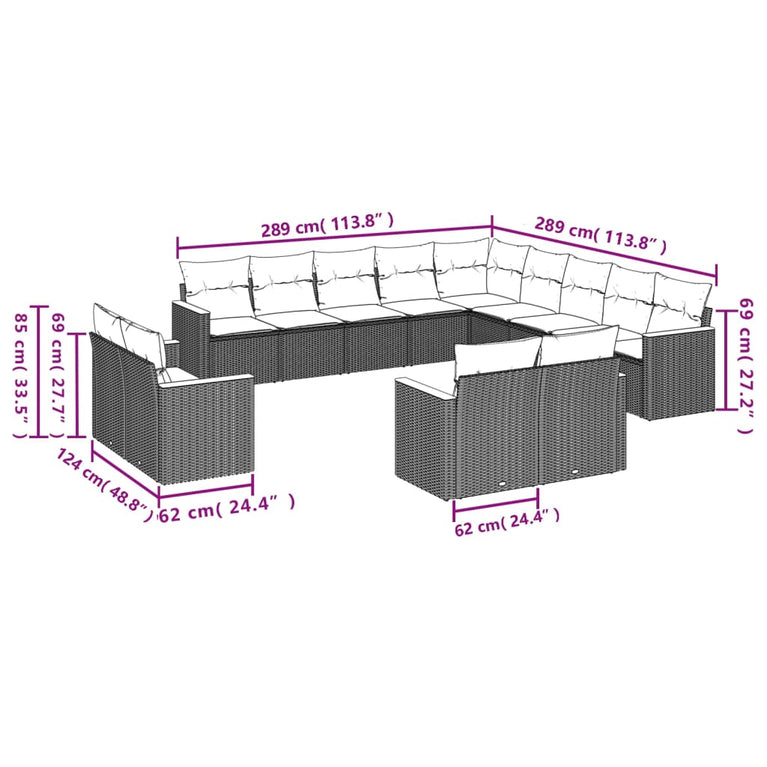 13-delige Loungeset met kussens poly rattan zwart