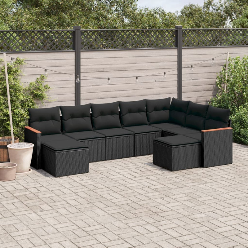 9-delige Loungeset met kussens poly rattan zwart