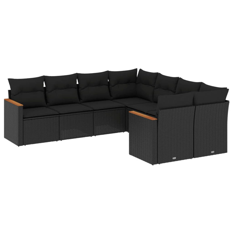 8-delige Loungeset met kussens poly rattan zwart