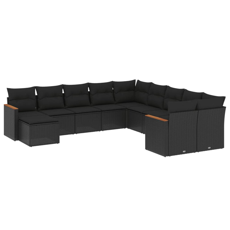11-delige Loungeset met kussens poly rattan zwart