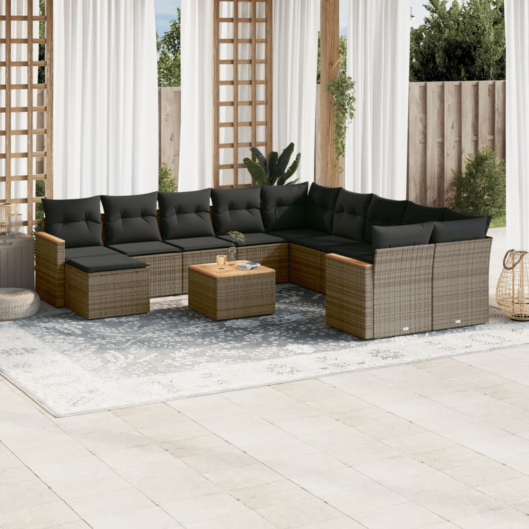 12-delige Loungeset met kussens poly rattan grijs