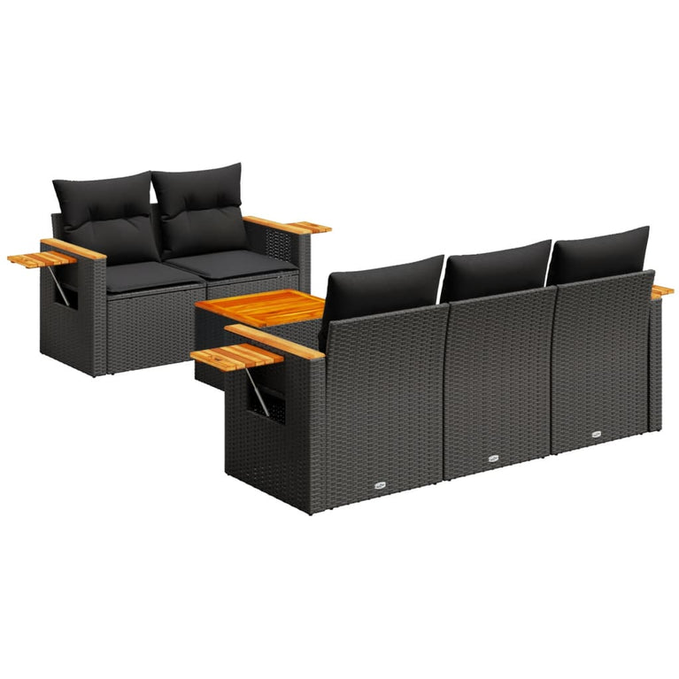 6-delige Loungeset met kussens poly rattan zwart