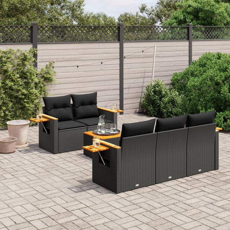 6-delige Loungeset met kussens poly rattan zwart