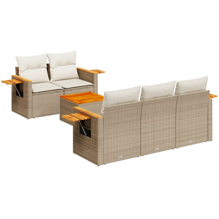 6-delige Loungeset met kussens poly rattan beige