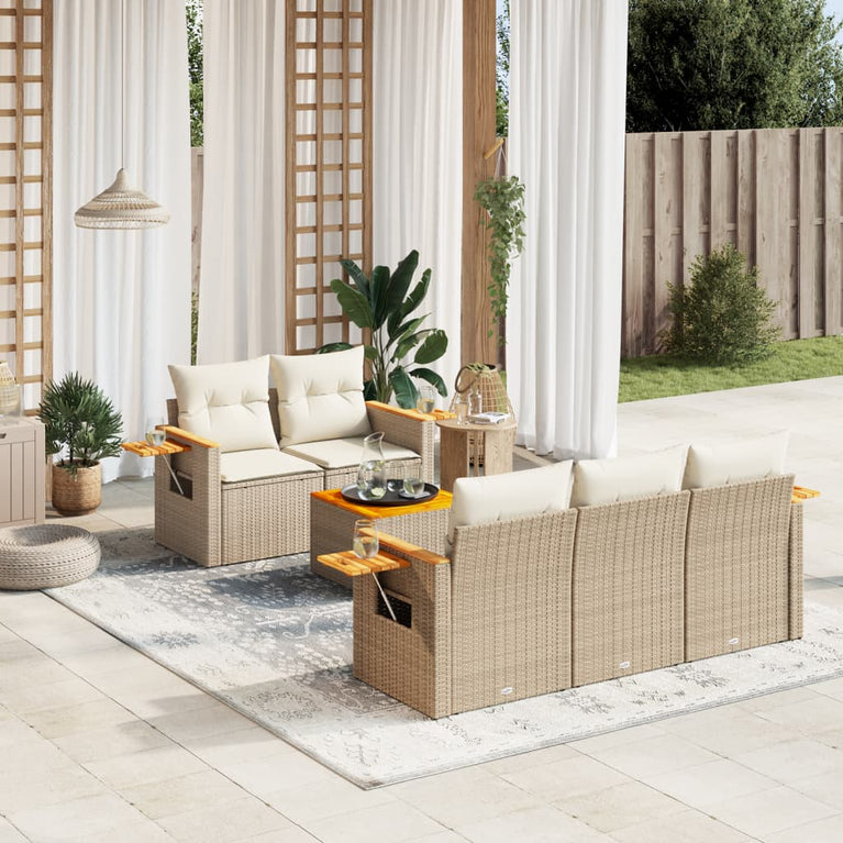 6-delige Loungeset met kussens poly rattan beige