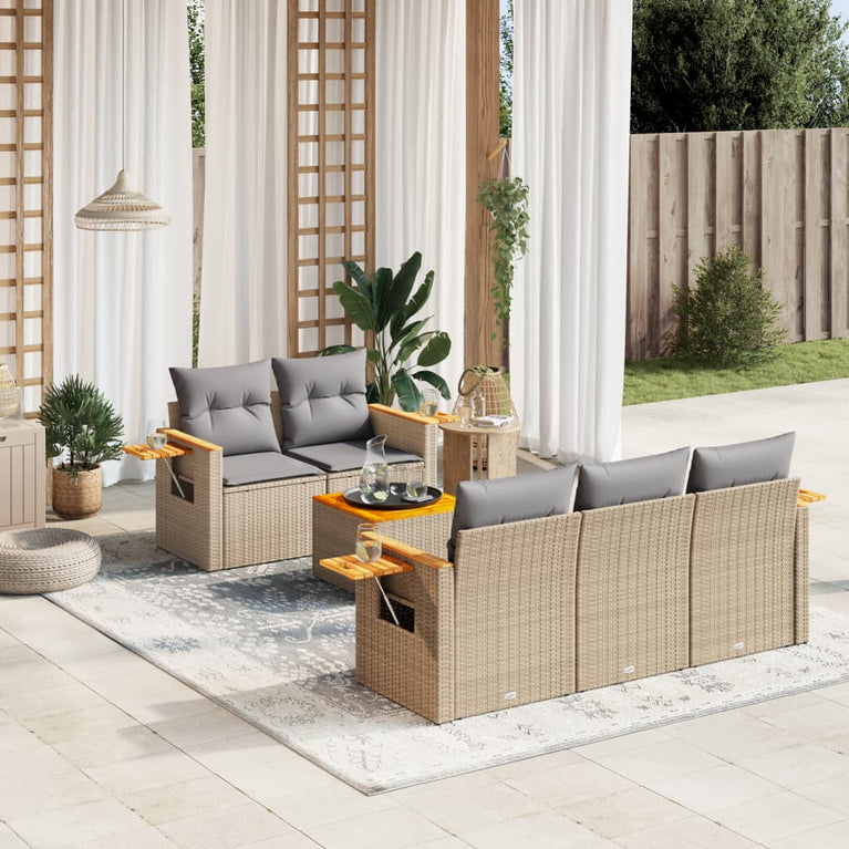 6-delige Loungeset met kussens poly rattan beige