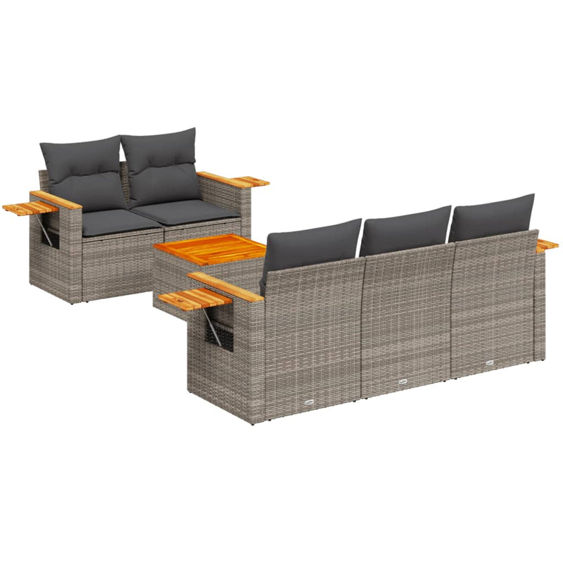 6-delige Loungeset met kussens poly rattan grijs