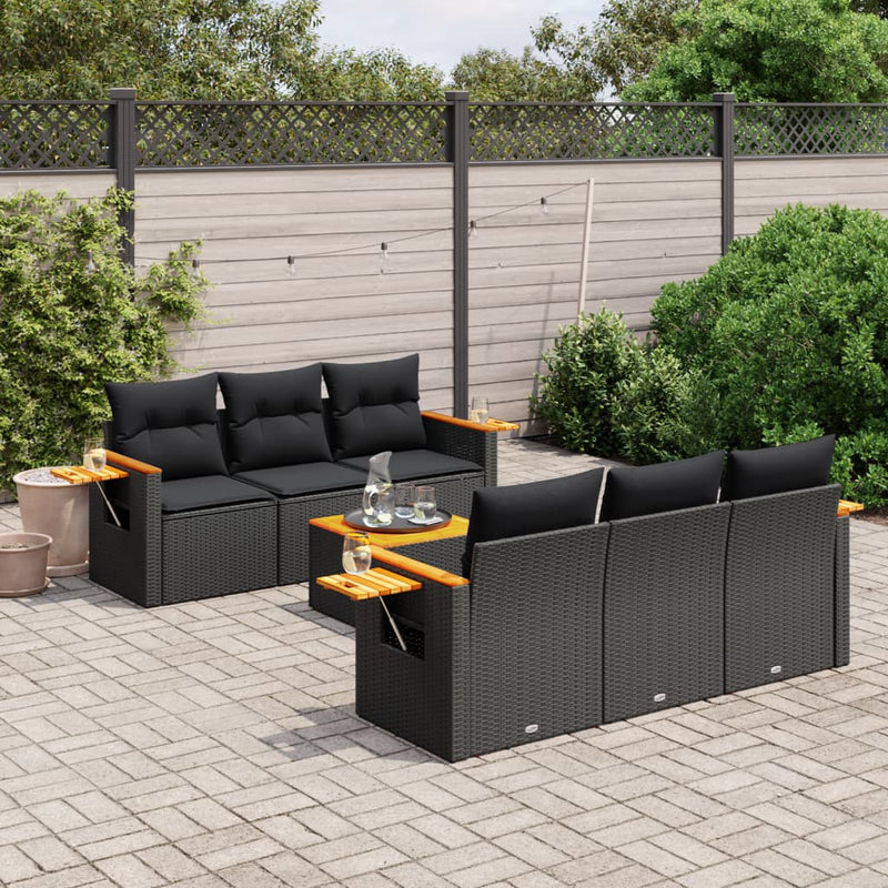 7-delige Loungeset met kussens poly rattan zwart