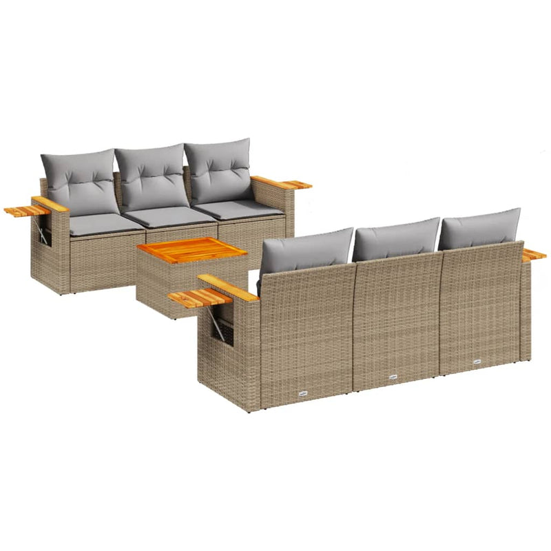 7-delige Loungeset met kussens poly rattan beige