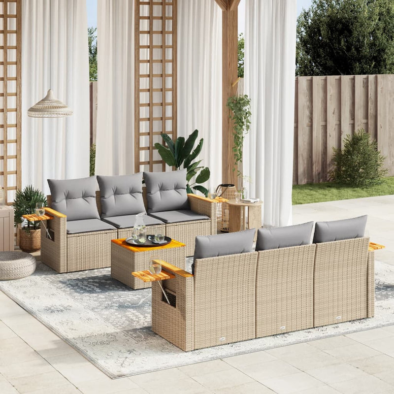 7-delige Loungeset met kussens poly rattan beige