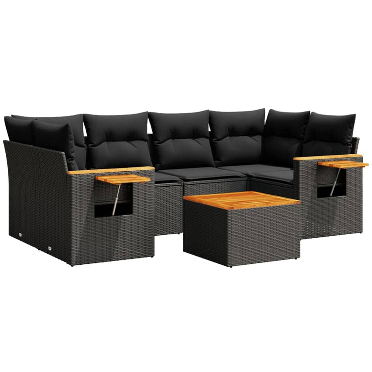 7-delige Loungeset met kussens poly rattan zwart