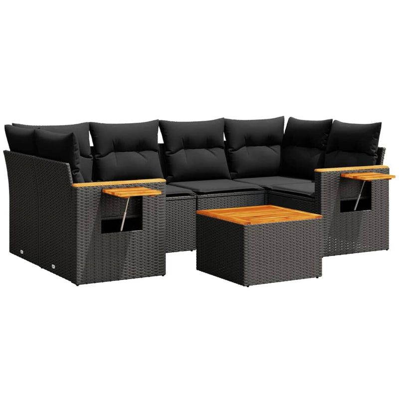 7-delige Loungeset met kussens poly rattan zwart