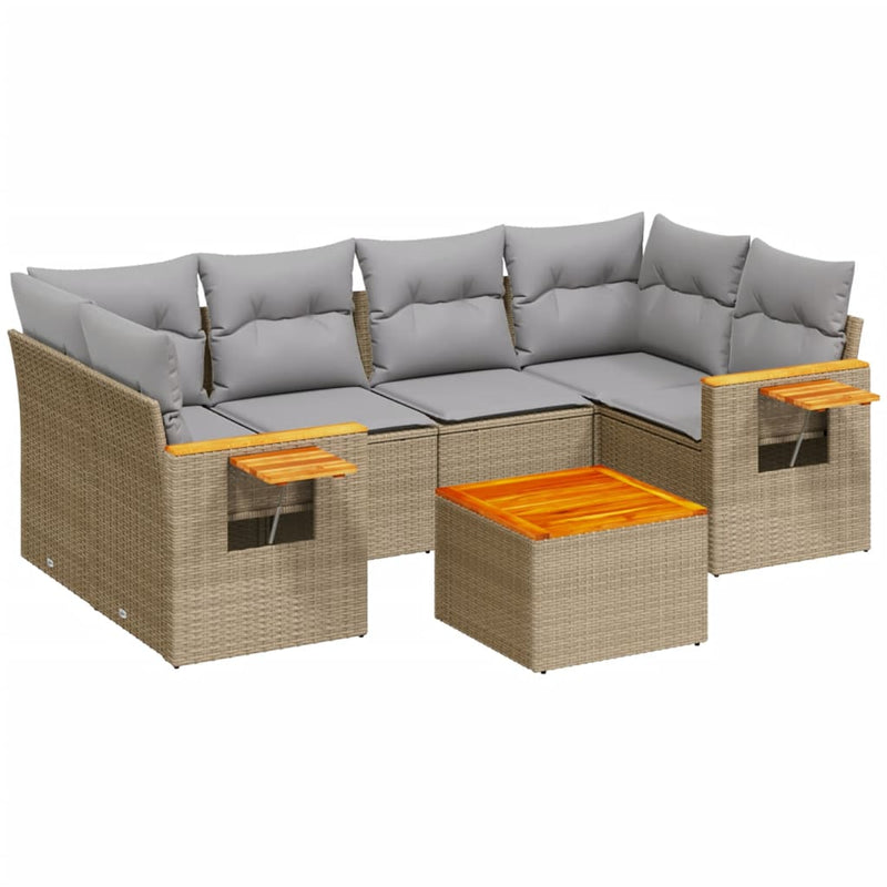 7-delige Loungeset met kussens poly rattan beige