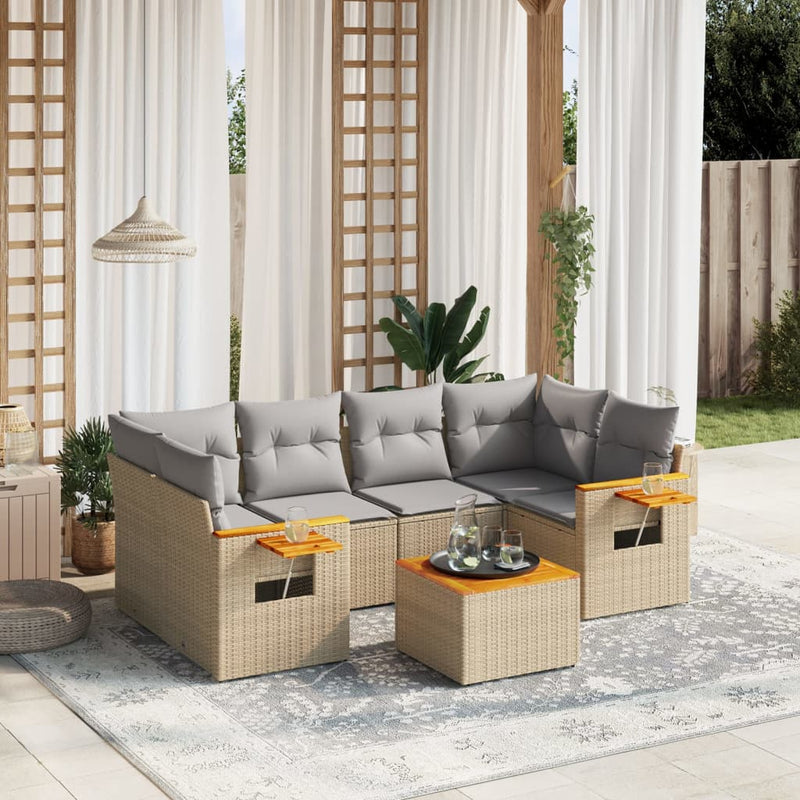 7-delige Loungeset met kussens poly rattan beige