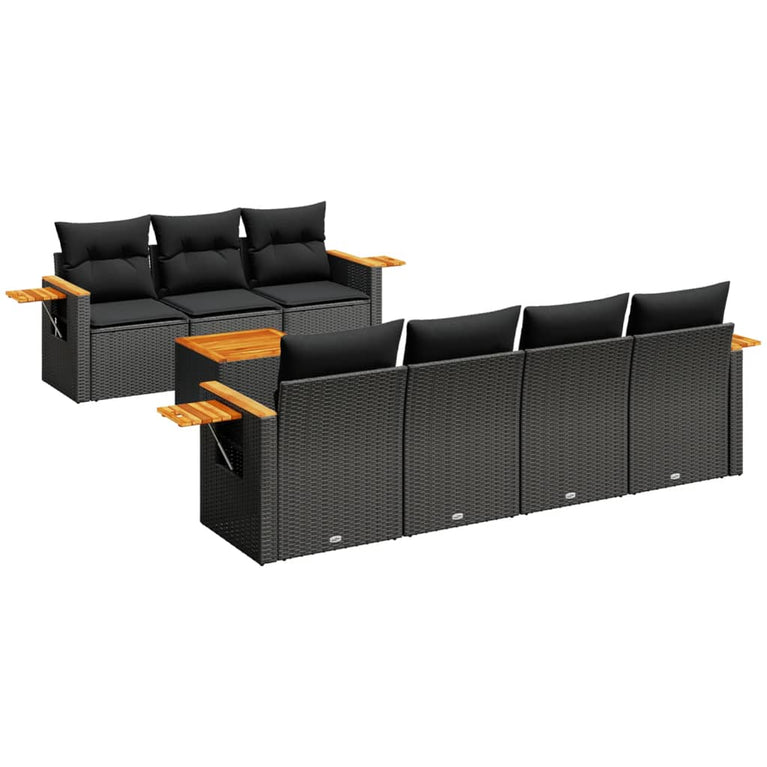 8-delige Loungeset met kussens poly rattan zwart