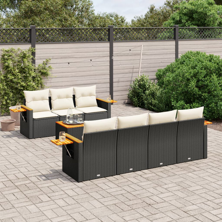 8-delige Loungeset met kussens poly rattan zwart