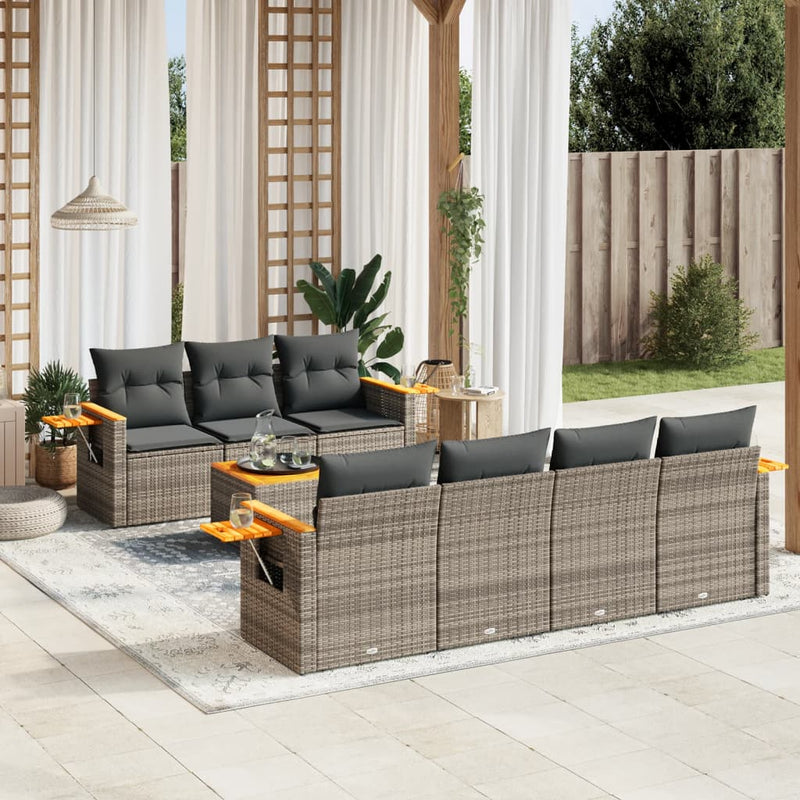 8-delige Loungeset met kussens poly rattan grijs