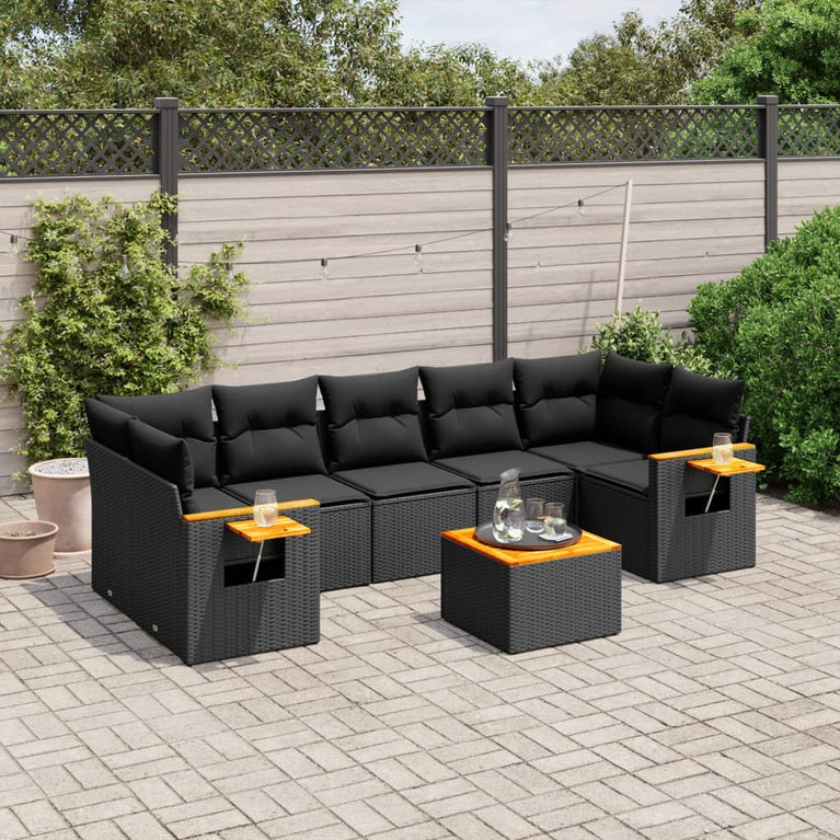 8-delige Loungeset met kussens poly rattan zwart