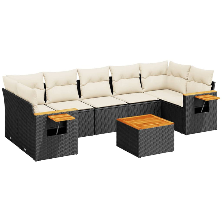 8-delige Loungeset met kussens poly rattan zwart