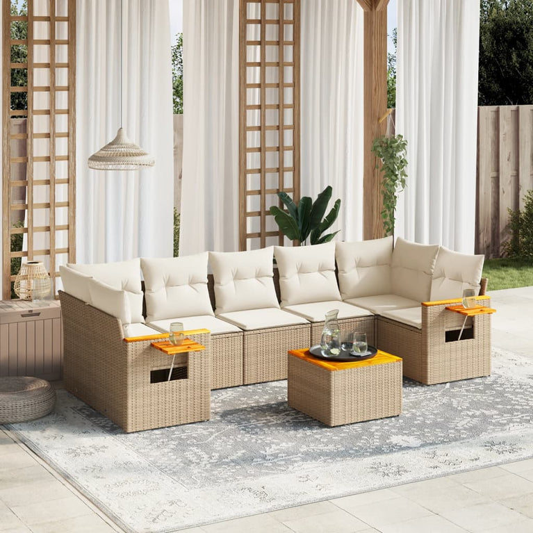 8-delige Loungeset met kussens poly rattan beige