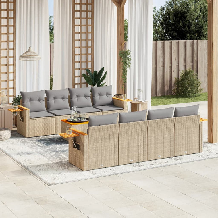 9-delige Loungeset met kussens poly rattan beige