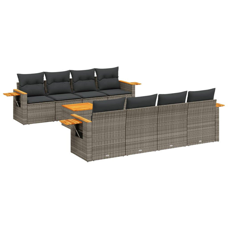 9-delige Loungeset met kussens poly rattan grijs