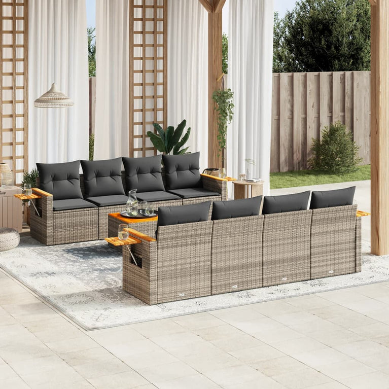 9-delige Loungeset met kussens poly rattan grijs