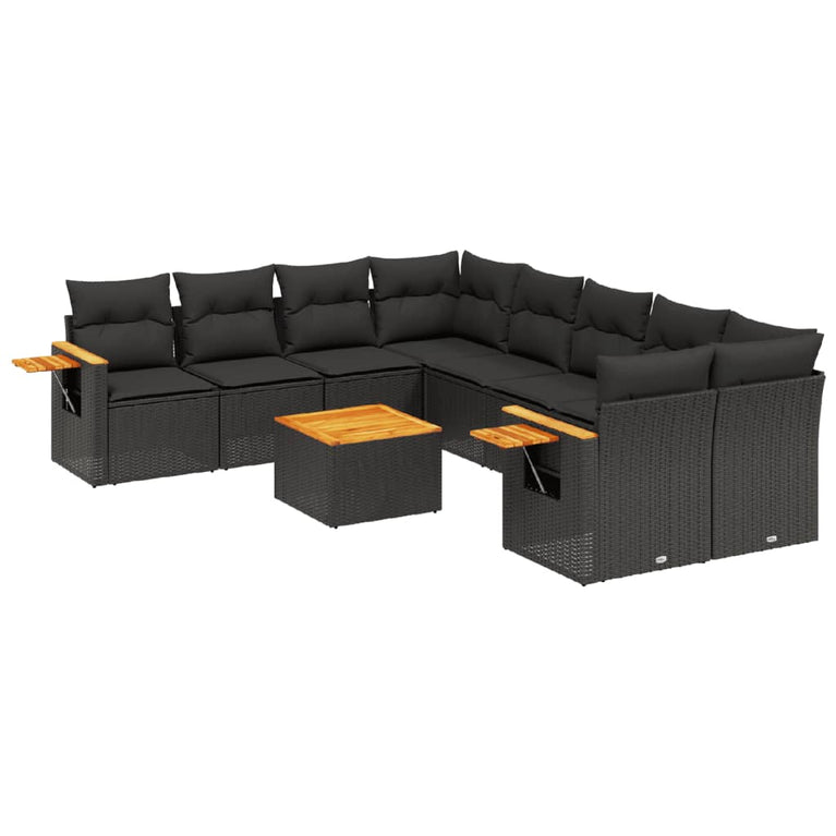 9-delige Loungeset met kussens poly rattan zwart
