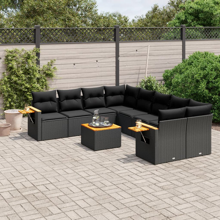 9-delige Loungeset met kussens poly rattan zwart