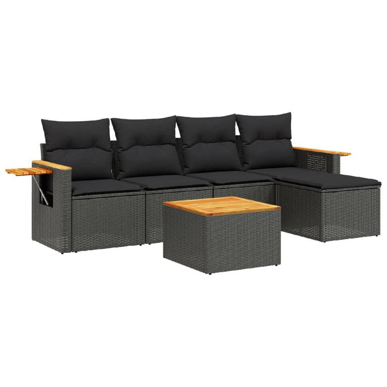 6-delige Loungeset met kussens poly rattan zwart