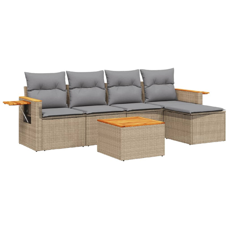 6-delige Loungeset met kussens poly rattan beige