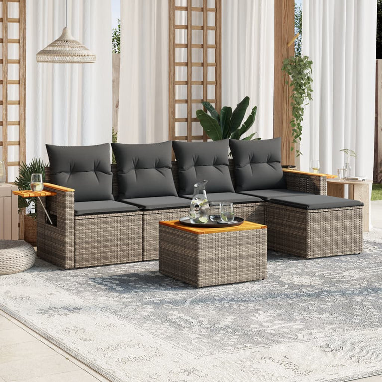6-delige Loungeset met kussens poly rattan grijs