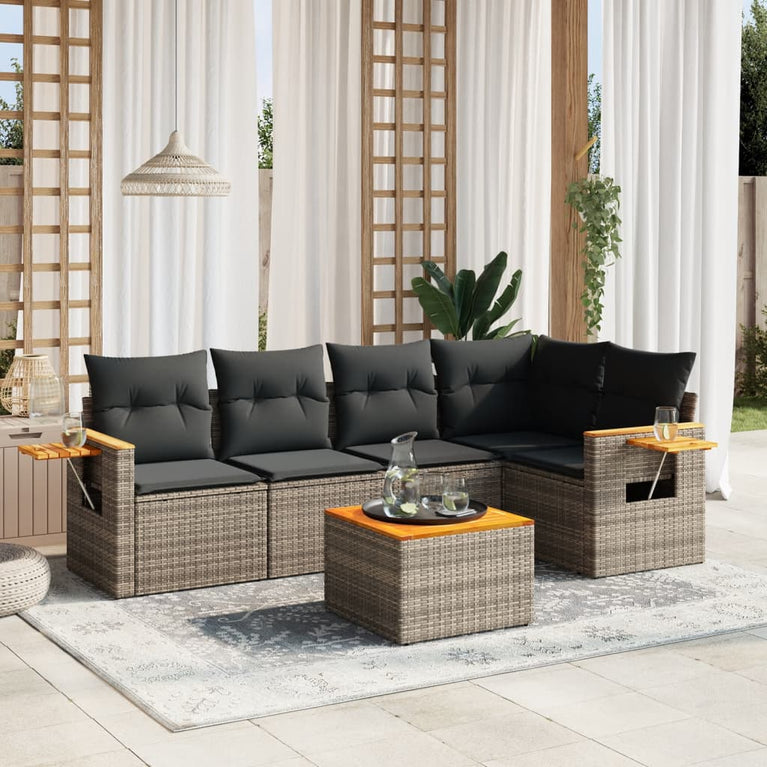 6-delige Loungeset met kussens poly rattan grijs