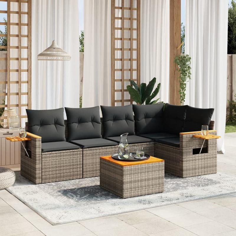 6-delige Loungeset met kussens poly rattan grijs