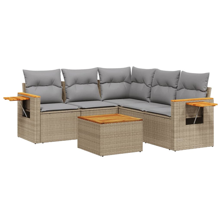 6-delige Loungeset met kussens poly rattan beige