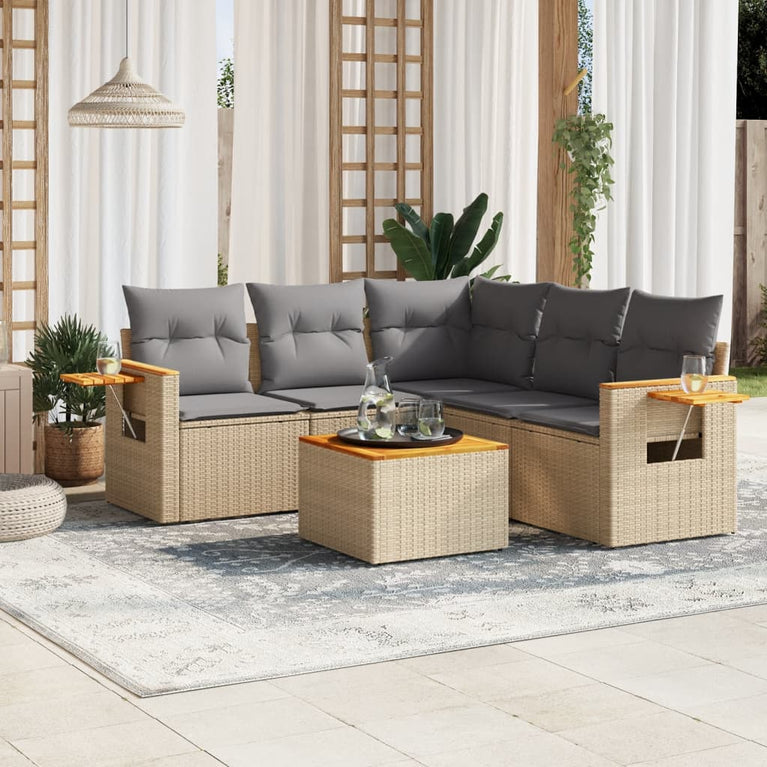 6-delige Loungeset met kussens poly rattan beige