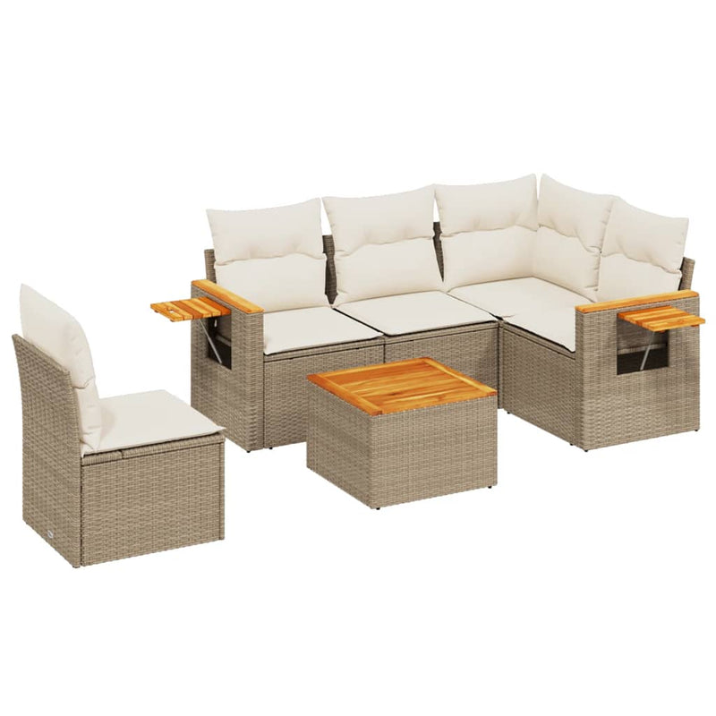 6-delige Loungeset met kussens poly rattan beige