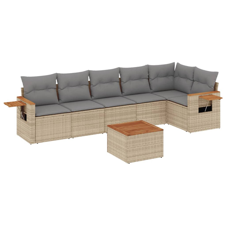 7-delige Loungeset met kussens poly rattan beige