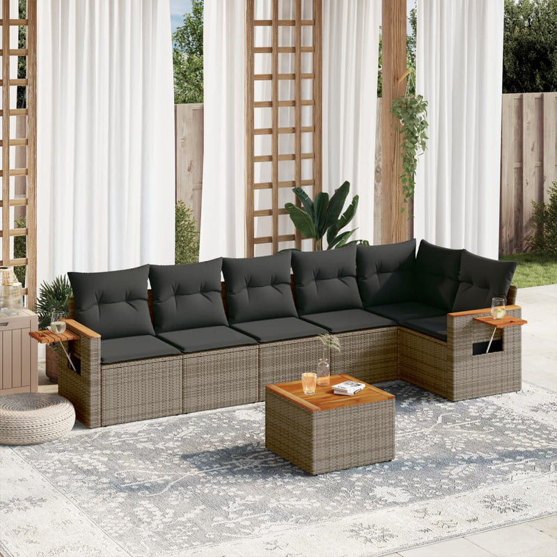 7-delige Loungeset met kussens poly rattan grijs