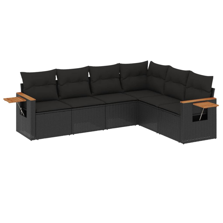 6-delige Loungeset met kussens poly rattan zwart