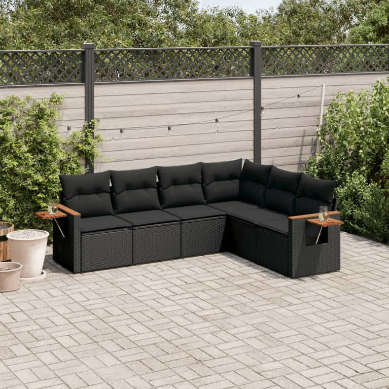6-delige Loungeset met kussens poly rattan zwart