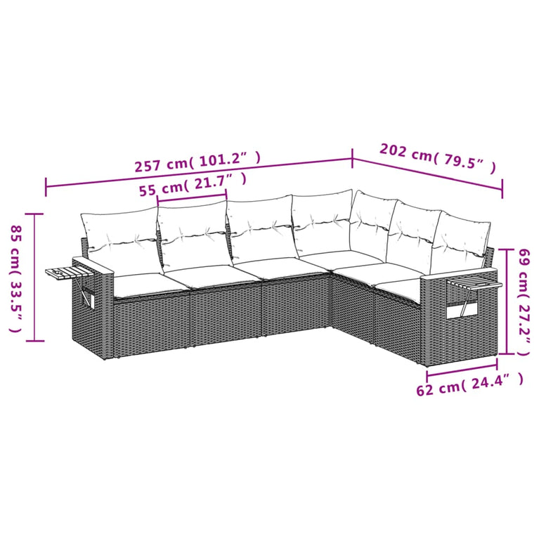 6-delige Loungeset met kussens poly rattan grijs