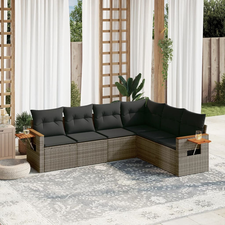 6-delige Loungeset met kussens poly rattan grijs