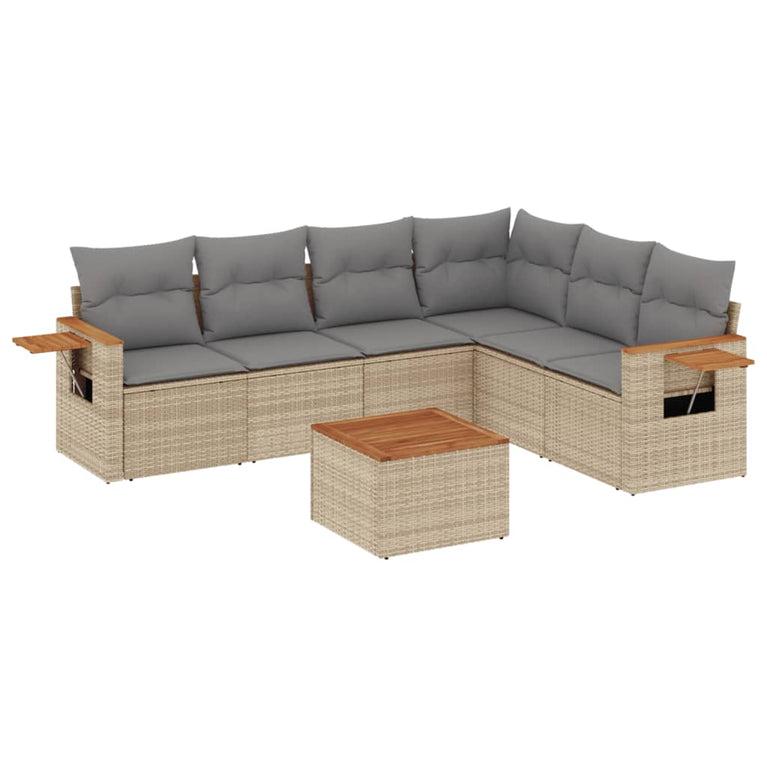 7-delige Loungeset met kussens poly rattan beige