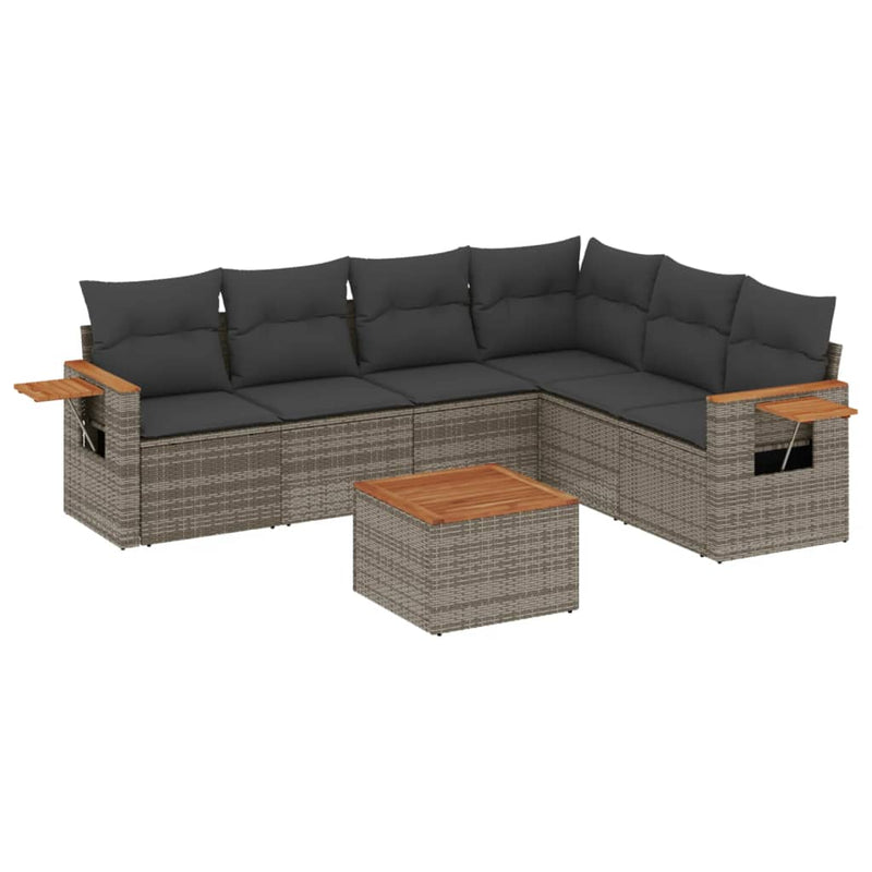 7-delige Loungeset met kussens poly rattan grijs