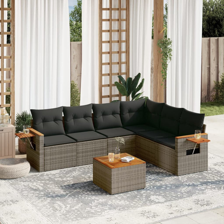 7-delige Loungeset met kussens poly rattan grijs