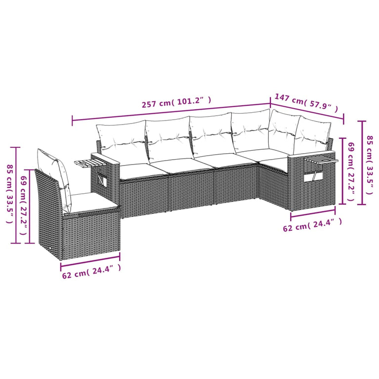6-delige Loungeset met kussens poly rattan beige